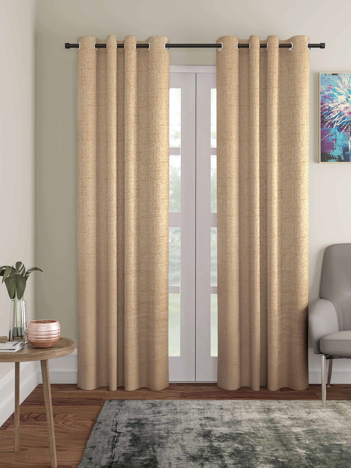 Romee Gold Texture Patterned Set of 2 Door Curtains