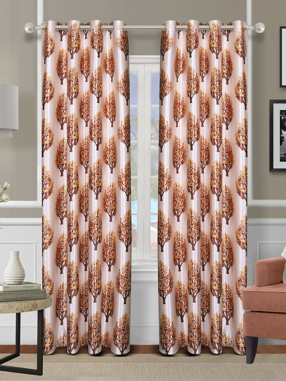 Romee Beige Tree Patterned Set of 2 Long Door Curtains