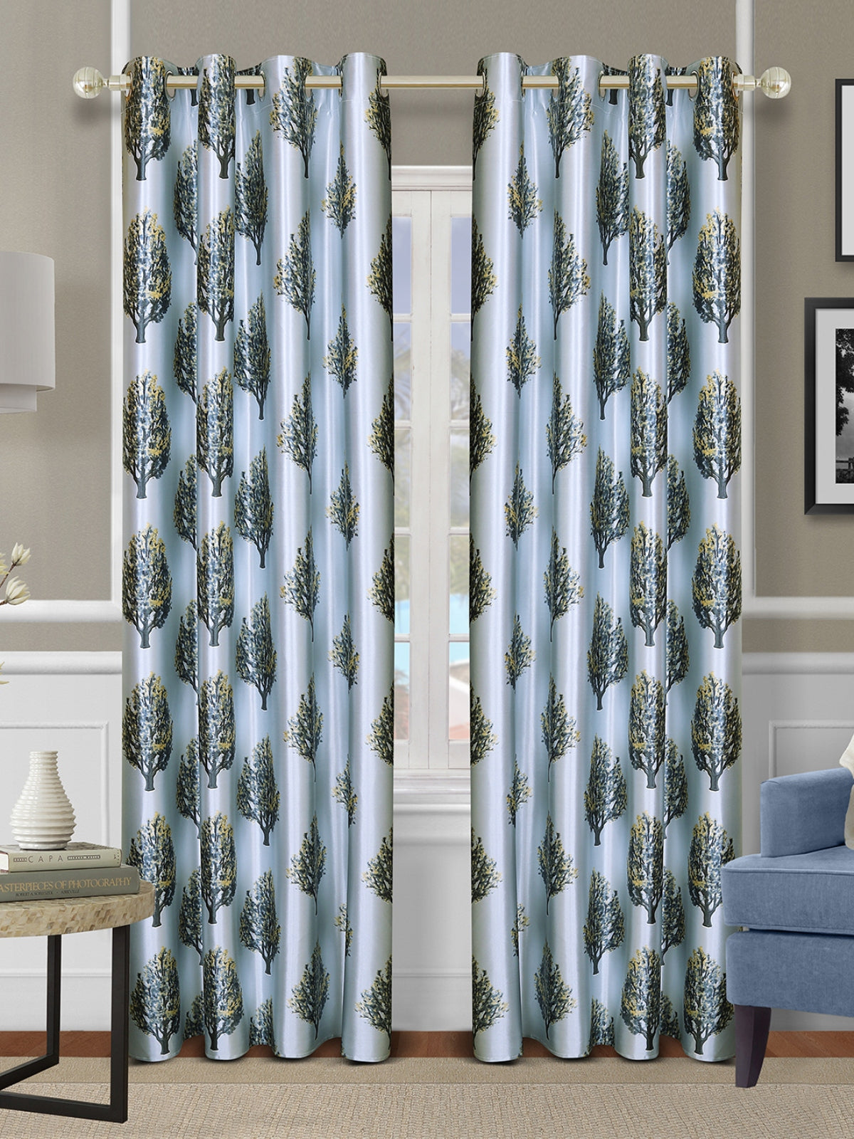 Romee Blue & Green Tree Patterned Set of 2 Long Door Curtains