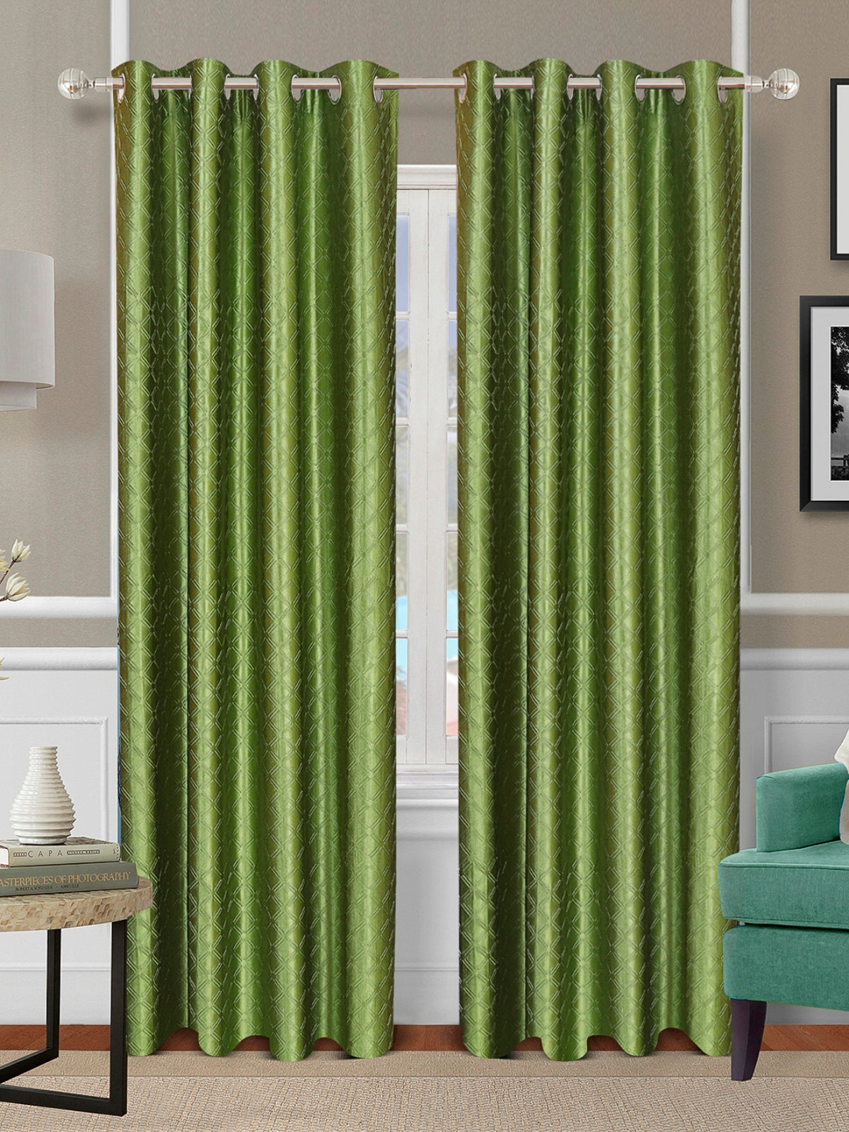 Romee Green Geometric Patterned Set of 2 Long Door Curtains
