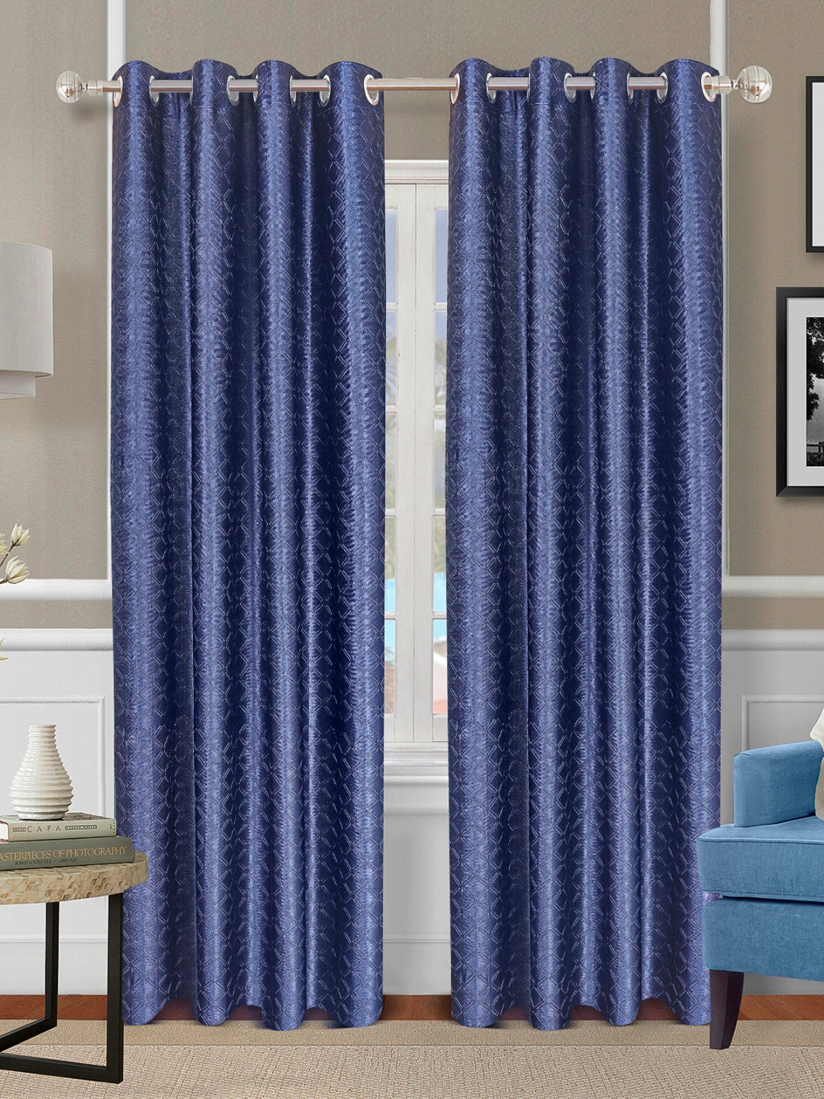 Romee Royal Blue Geometric Patterned Set of 2 Long Door Curtains