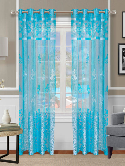 Romee Sky Blue Floral Patterned Set of 2 Long Door Curtains