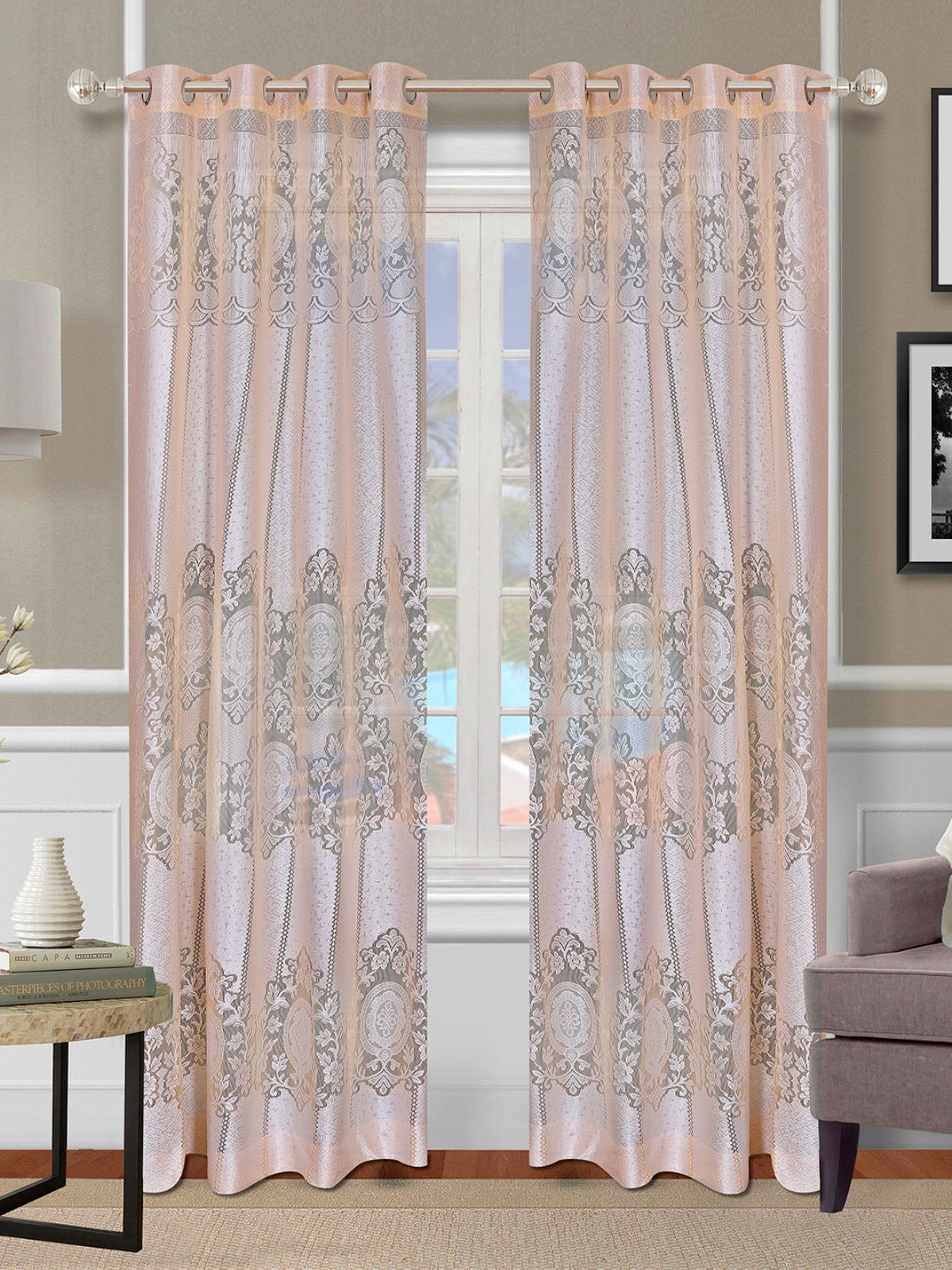 Romee Beige & Silver Floral Patterned Set of 2 Long Door Curtains