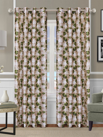 Romee Beige & Green Floral Patterned Set of 2 Long Door Curtains