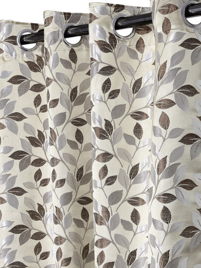 Romee Beige & Brown Leafy Patterned Set of 2 Long Door Curtains