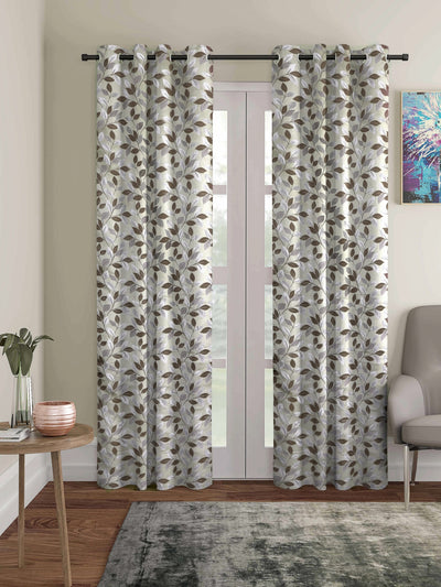 Romee Beige & Brown Leafy Patterned Set of 2 Long Door Curtains