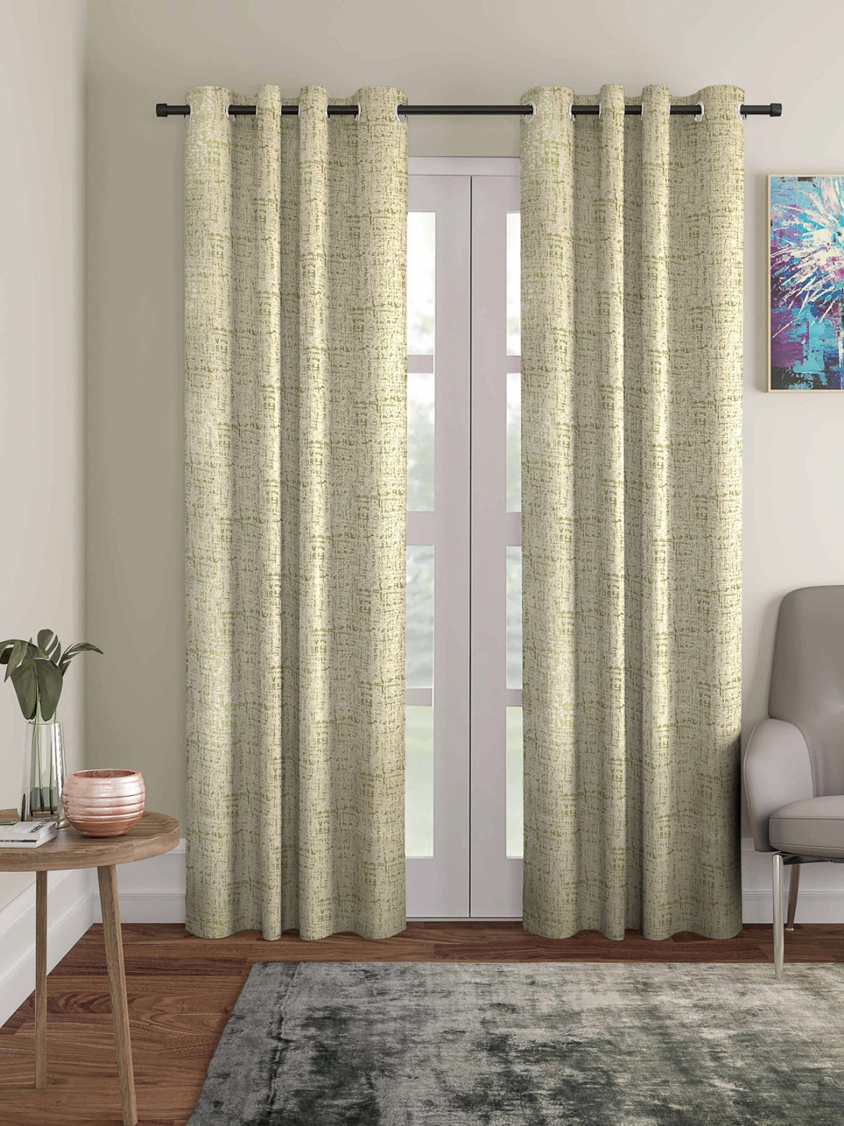Romee Green & Beige Texture Patterned Set of 2 Long Door Curtains