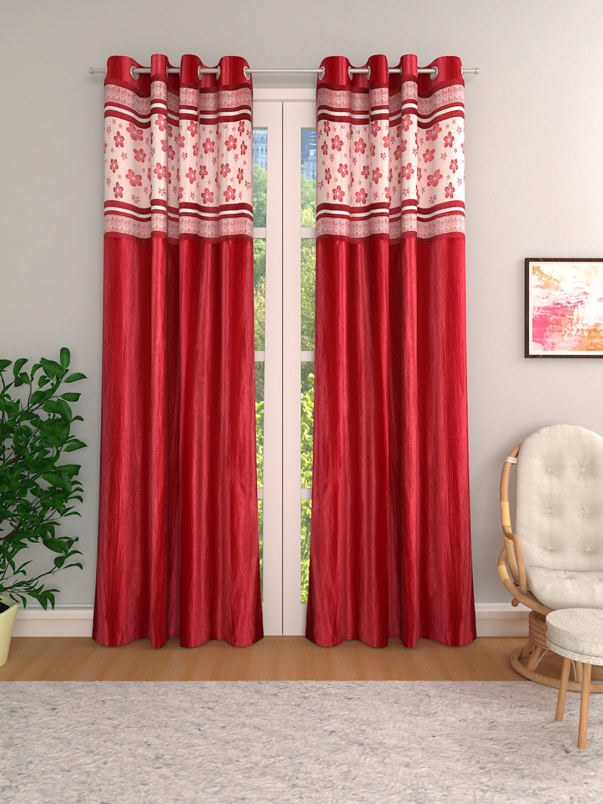 Romee Red Floral Patterned Set of 2 Door Curtains