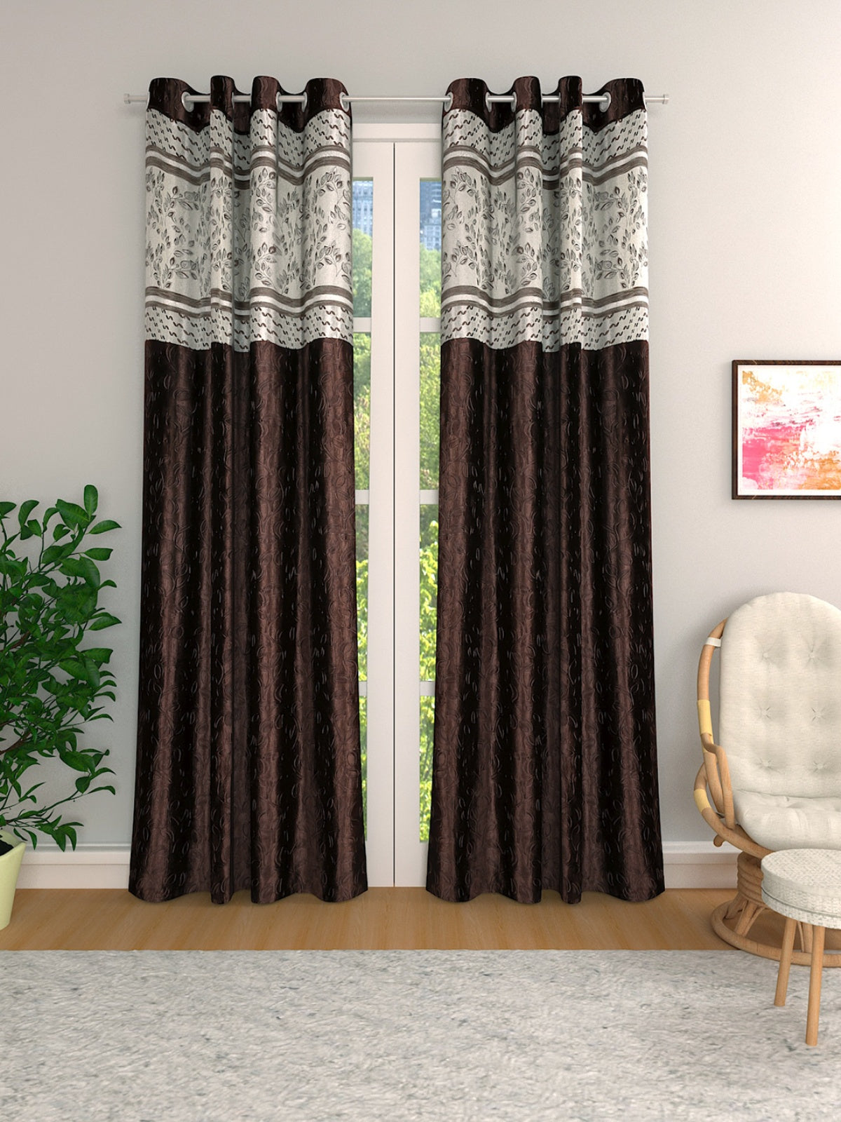 Romee Coffee Brown Leafy Patterned Set of 2 Door Curtains