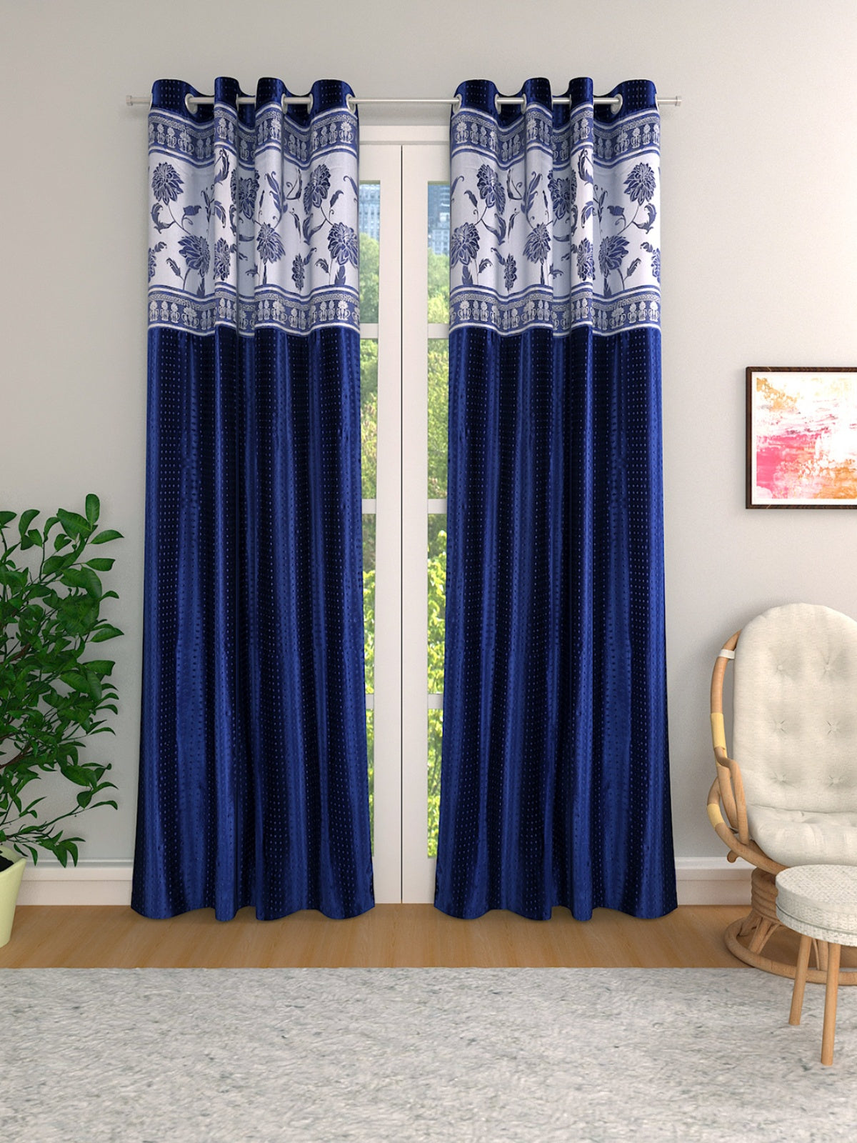 Romee Royal Blue Floral Patterned Set of 2 Long Door Curtains