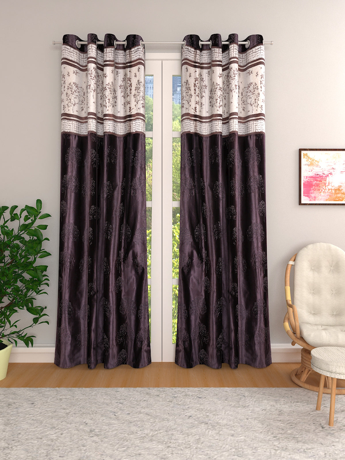 Romee Coffee Brown Floral Patterned Set of 2 Long Door Curtains