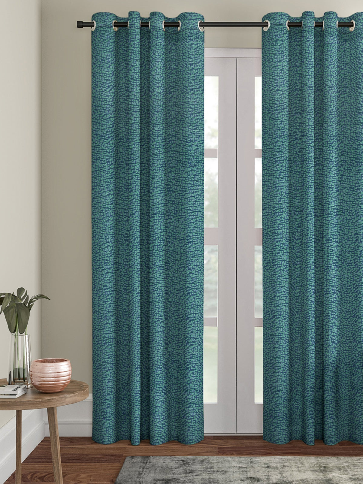 Romee Teal Green Geometric Patterned Set of 1 Door Curtains
