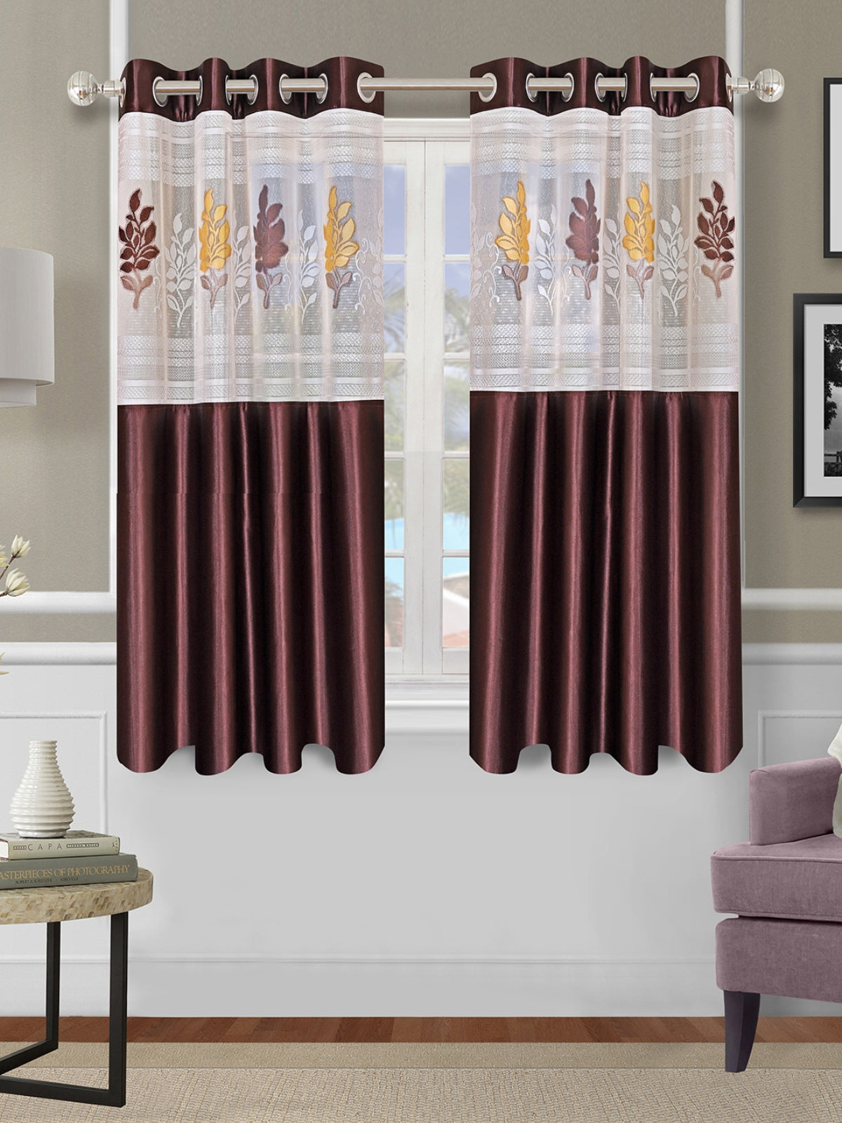 Romee Brown Floral Patterned Set of 2 Window Curtains
