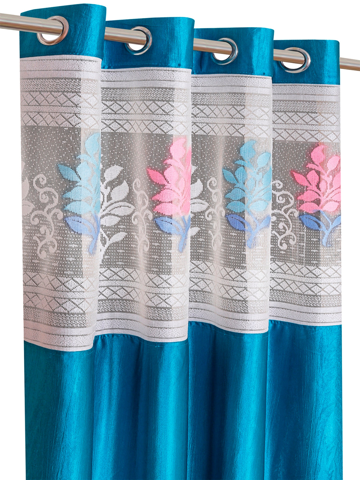 Romee Turquoise Blue Floral Patterned Set of 2 Window Curtains