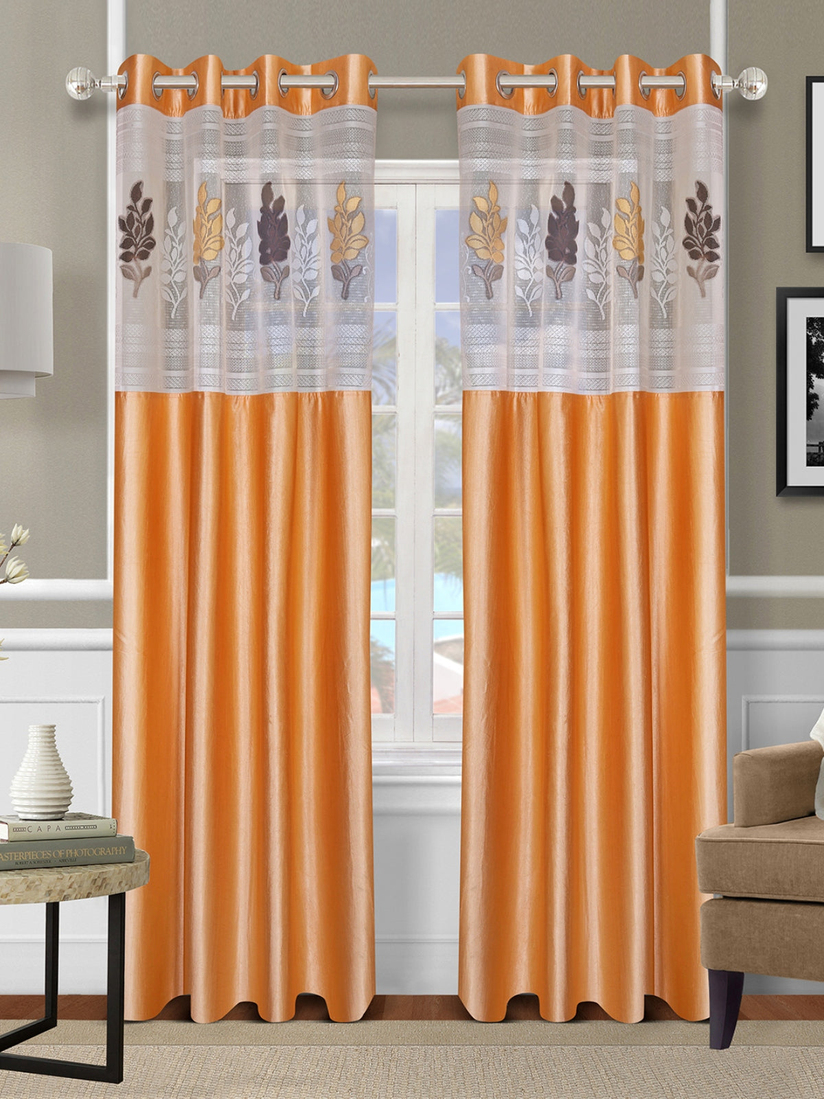 Romee Gold Floral Patterned Set of 2 Long Door Curtains