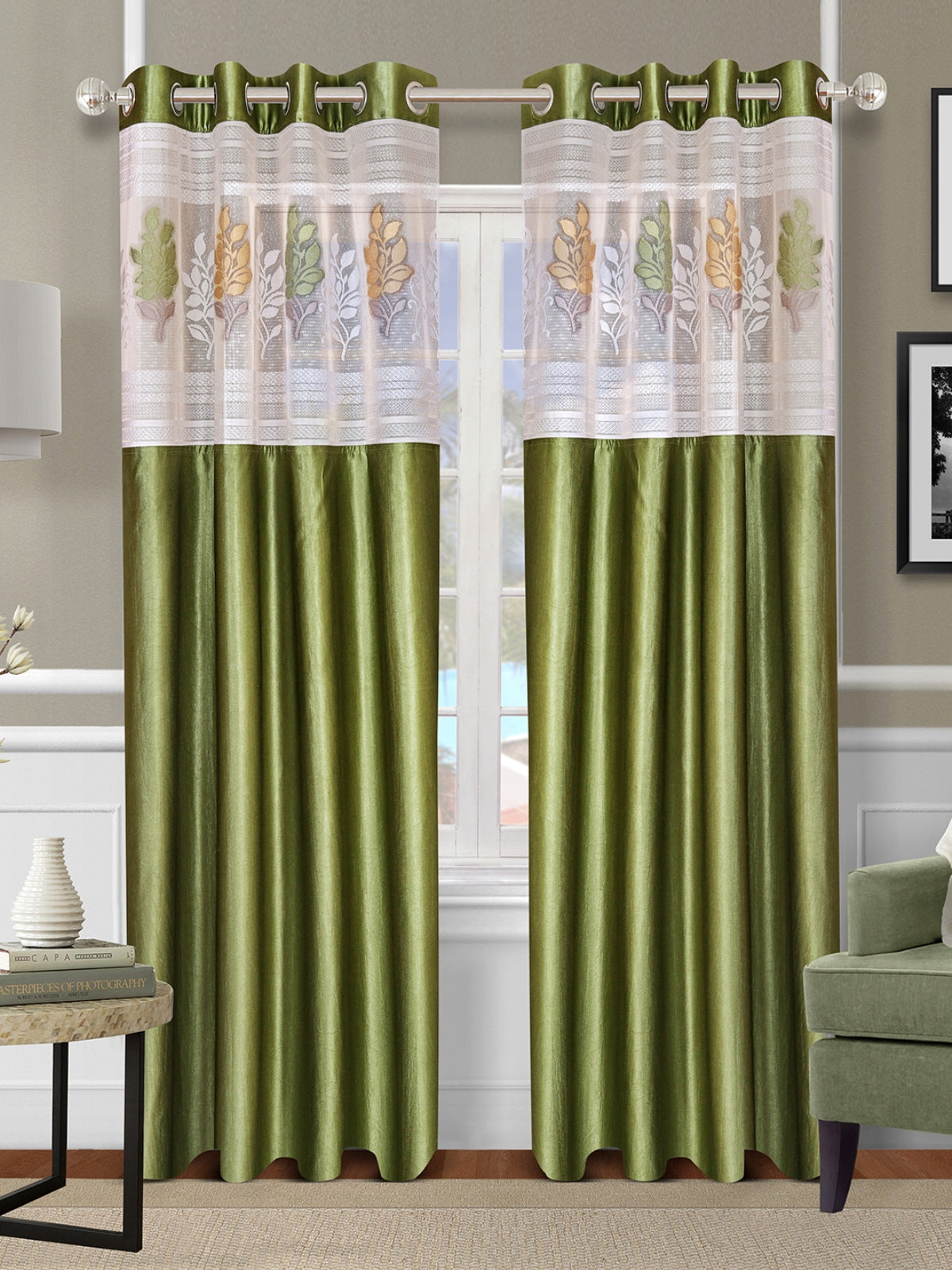 Romee Green Floral Patterned Set of 2 Long Door Curtains