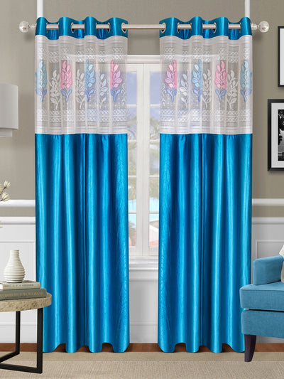 Romee Turquoise Blue Floral Patterned Set of 2 Long Door Curtains