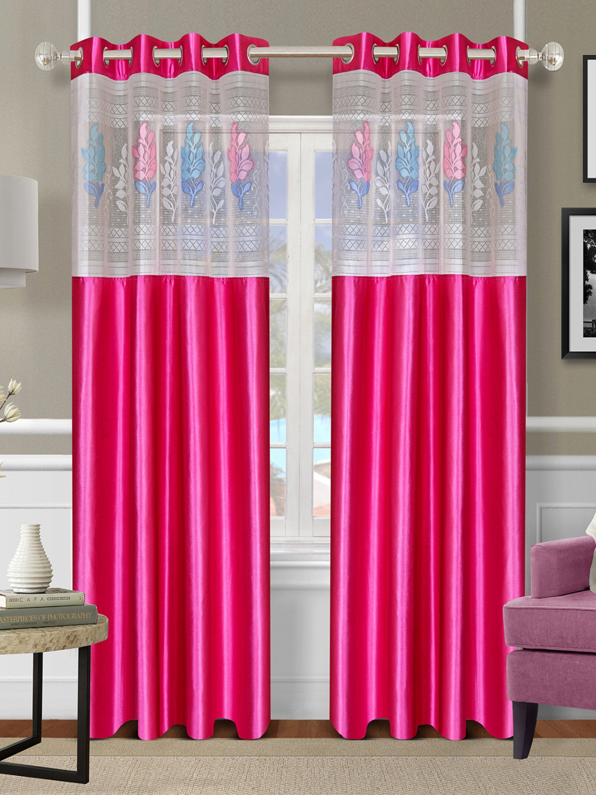 Romee Pink Floral Patterned Set of 2 Long Door Curtains