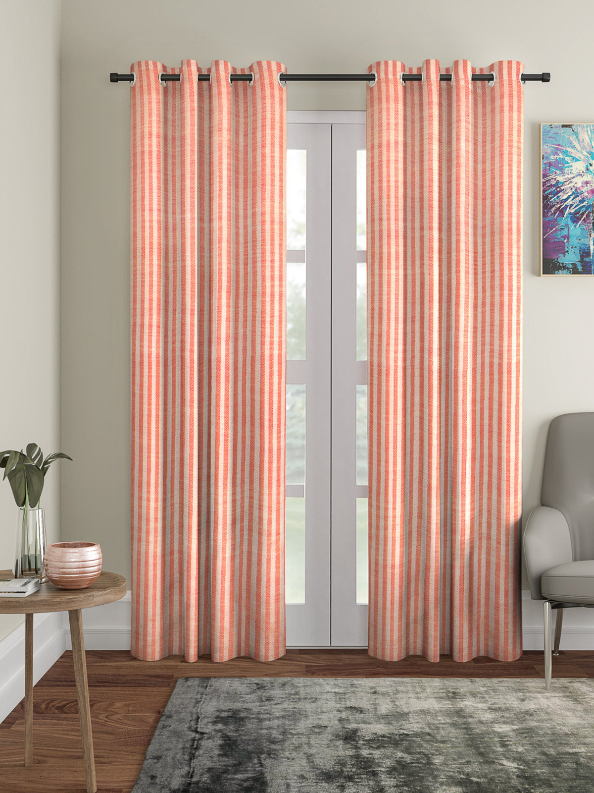 Romee Maroon & Gold Striped Patterned Set of 2 Door Curtains