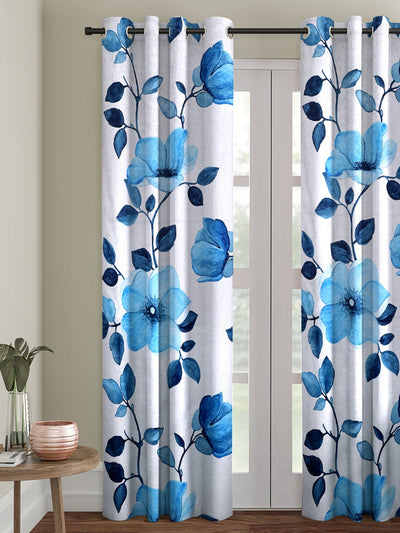 Romee White & Blue Floral Patterned Set of 1 Door Curtains