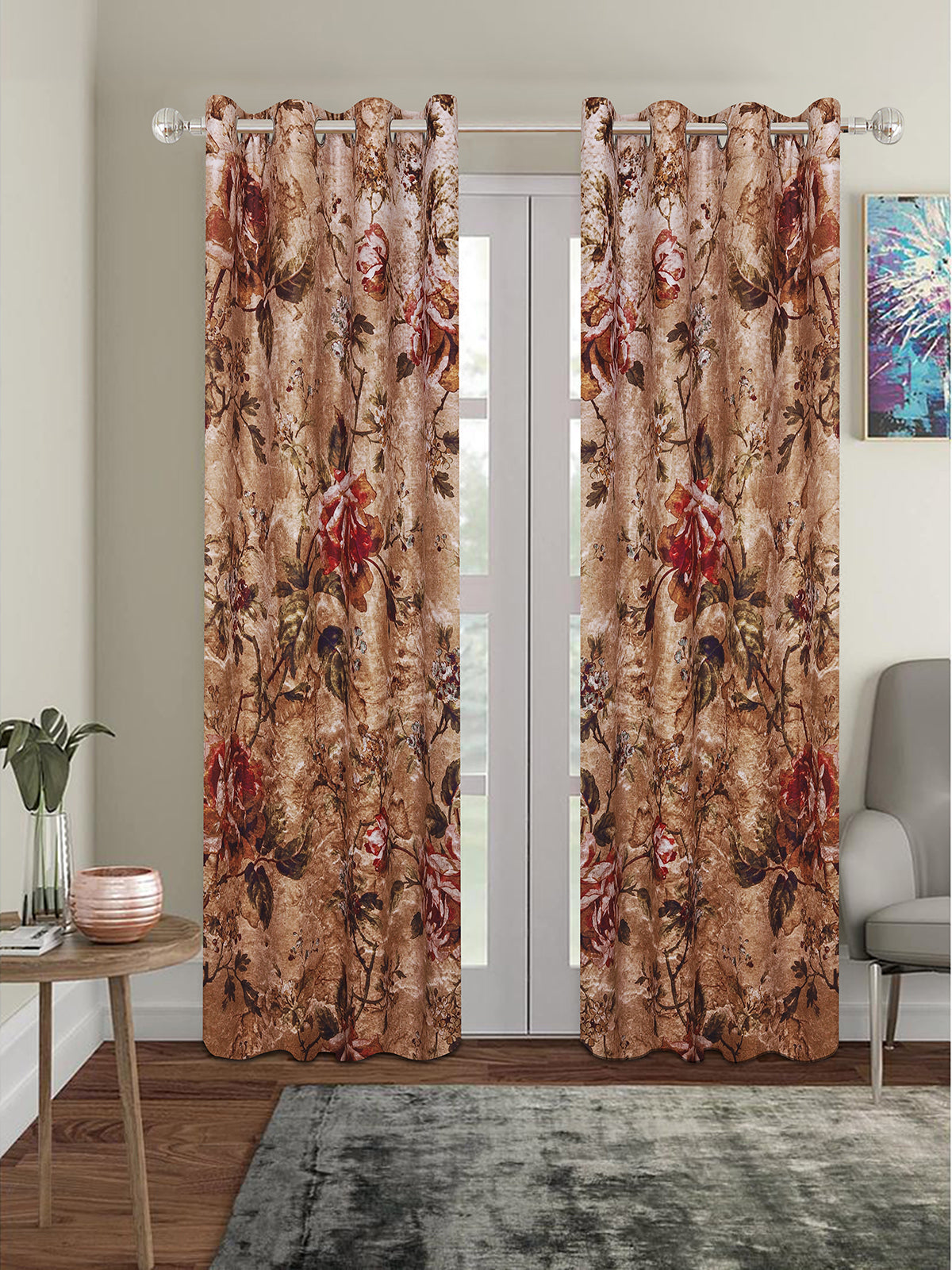 Romee Brown Floral Patterned Set of 1 Door Curtains