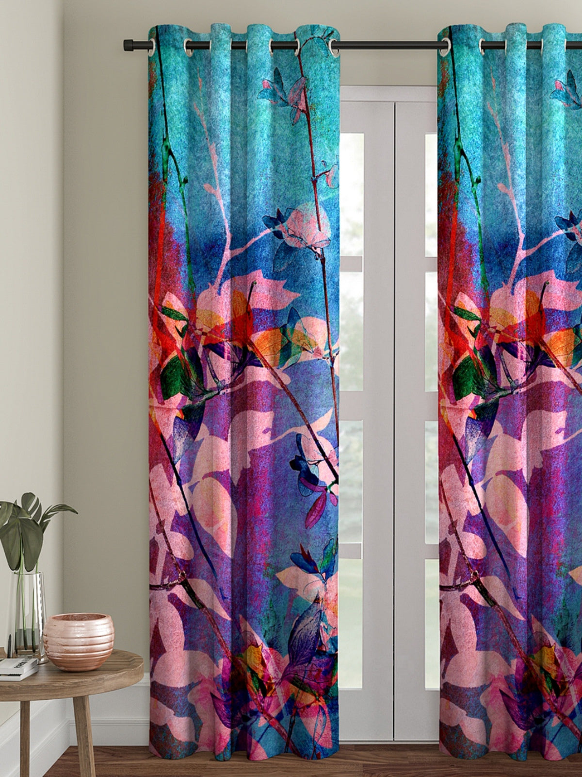 Romee Blue & Turquoise Floral Patterned Set of 1 Door Curtains