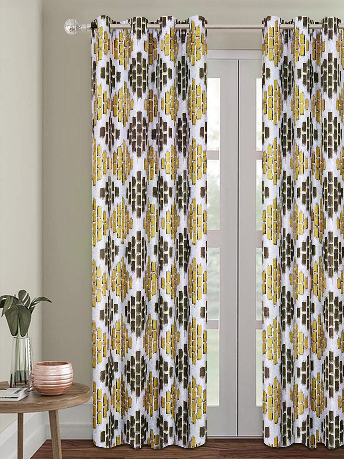 Romee Yellow & Off White Geometric Patterned Set of 1 Door Curtains