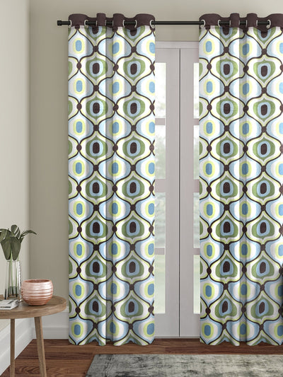 Romee Green & Blue, White Geometric Patterned Set of 1 Door Curtains