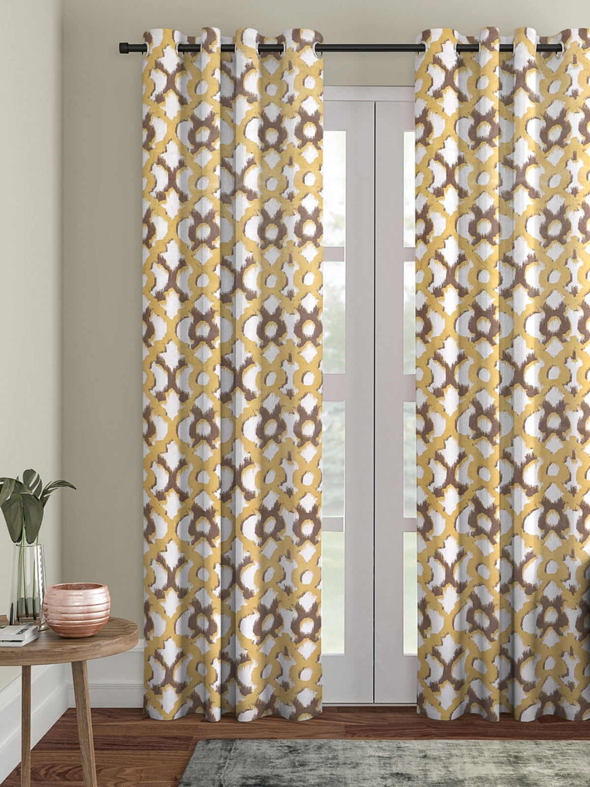 Romee Off White & Yellow Geometric Patterned Set of 1 Door Curtains