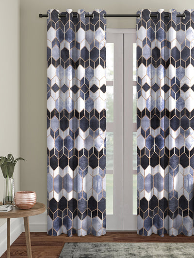 Romee Off White & Blue Geometric Patterned Set of 1 Door Curtains