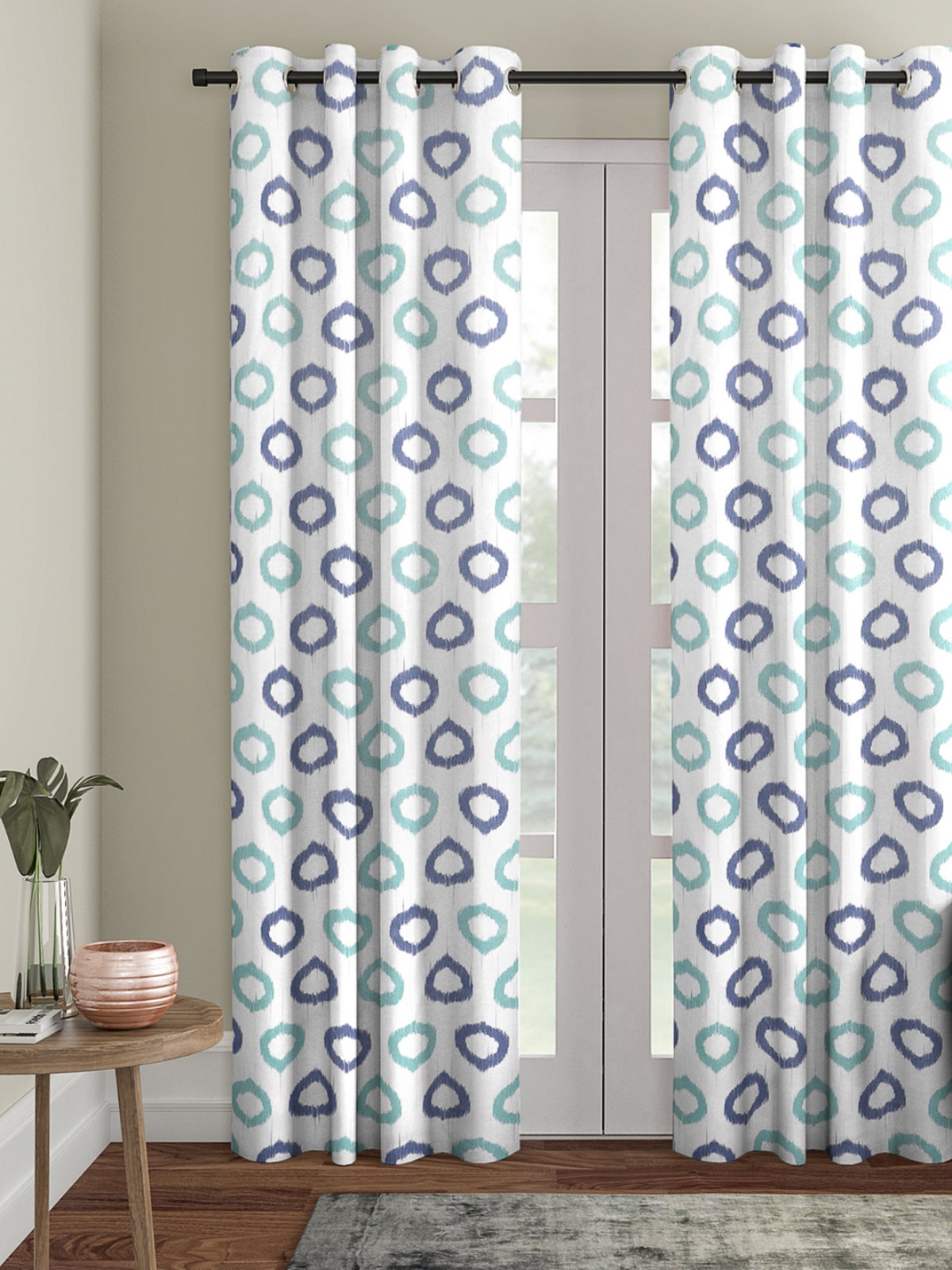 Romee White & Blue Geometric Patterned Set of 1 Door Curtains