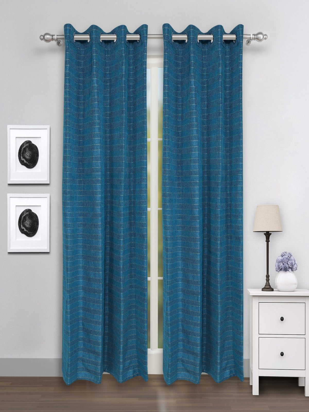 Romee Teal Blue Striped Patterned Set of 2 Door Curtains