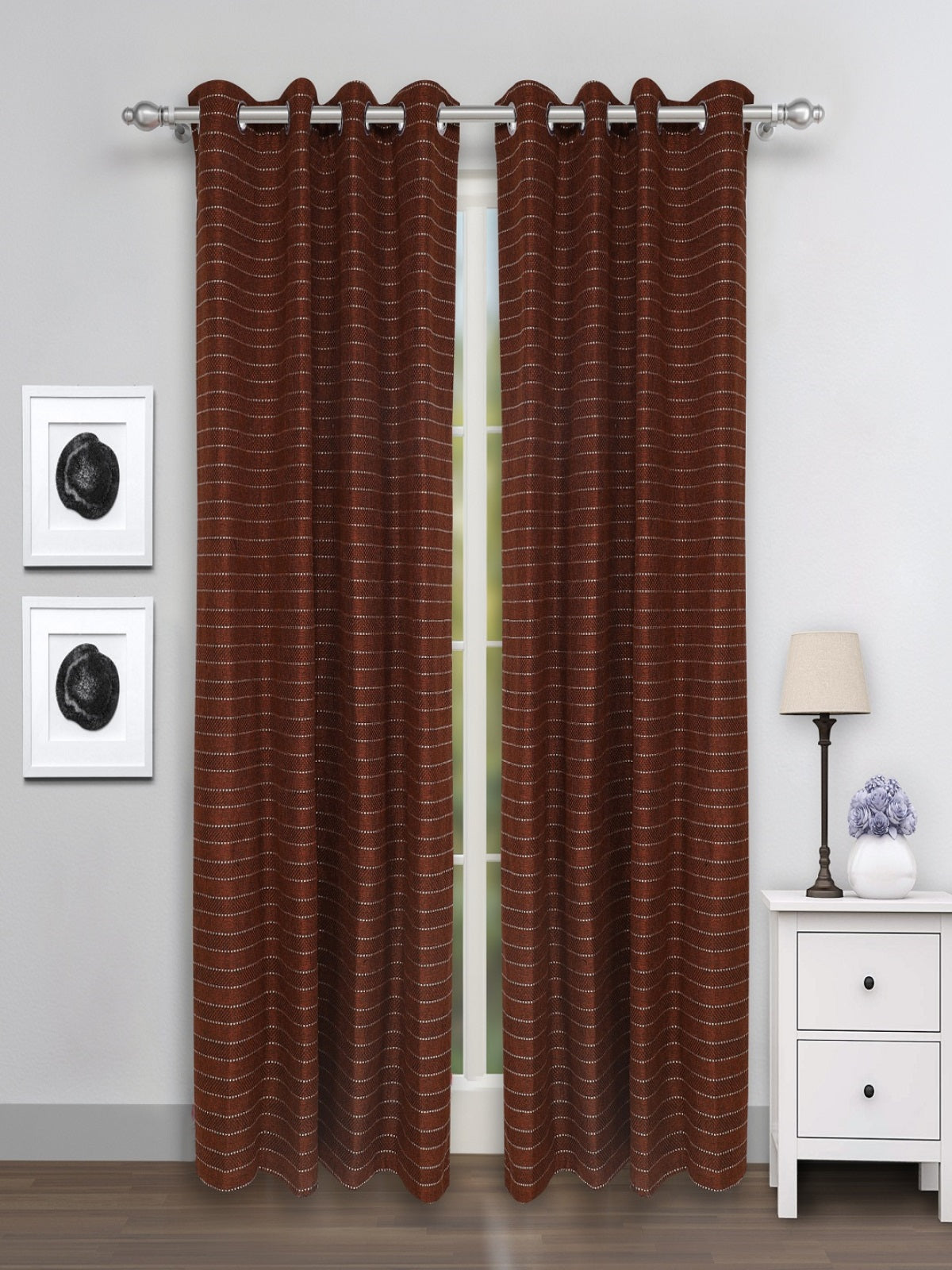 Romee Coffee Brown Striped Patterned Set of 2 Door Curtains