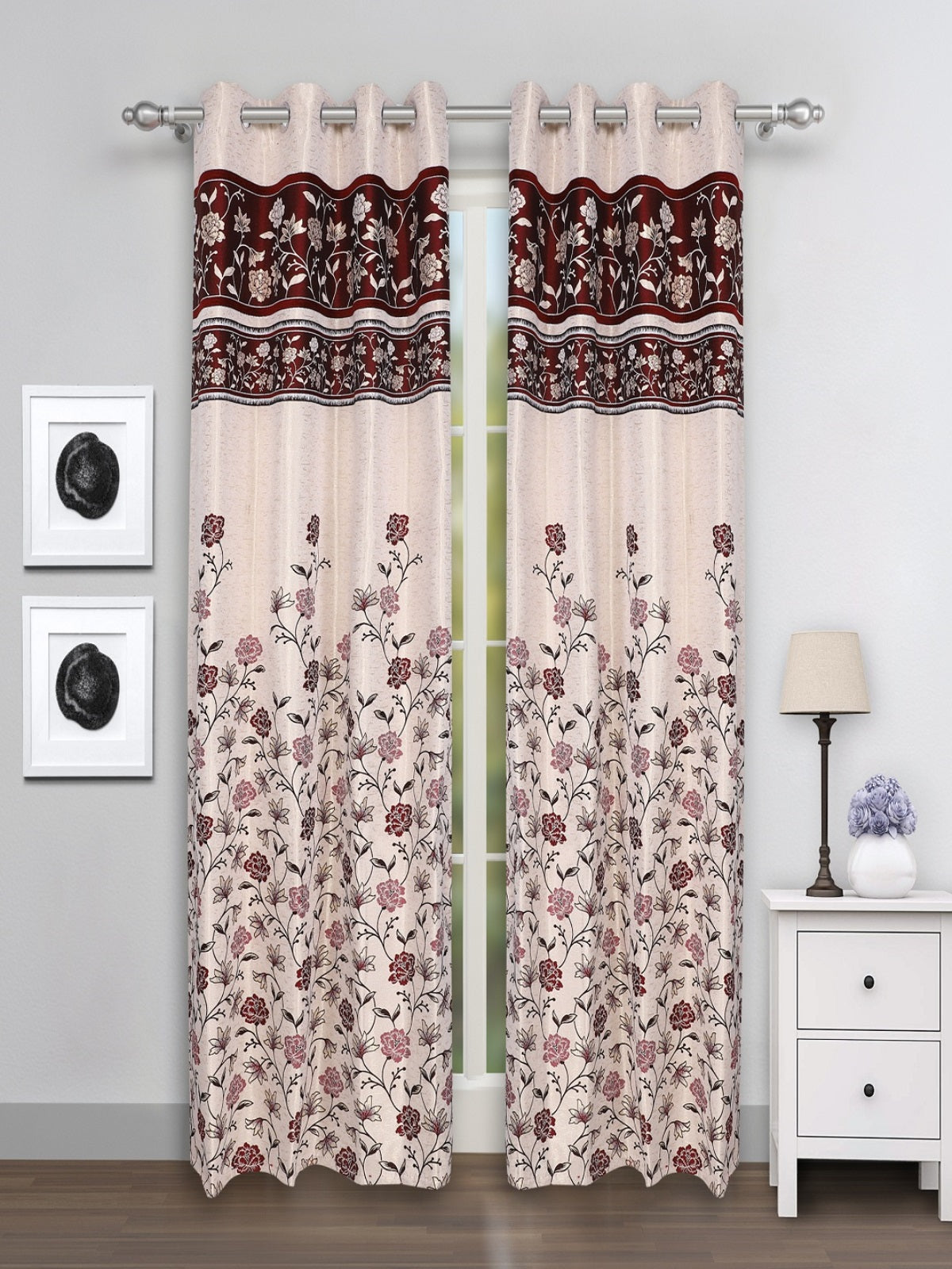 Romee Cream & Maroon Floral Patterned Set of 2 Door Curtains