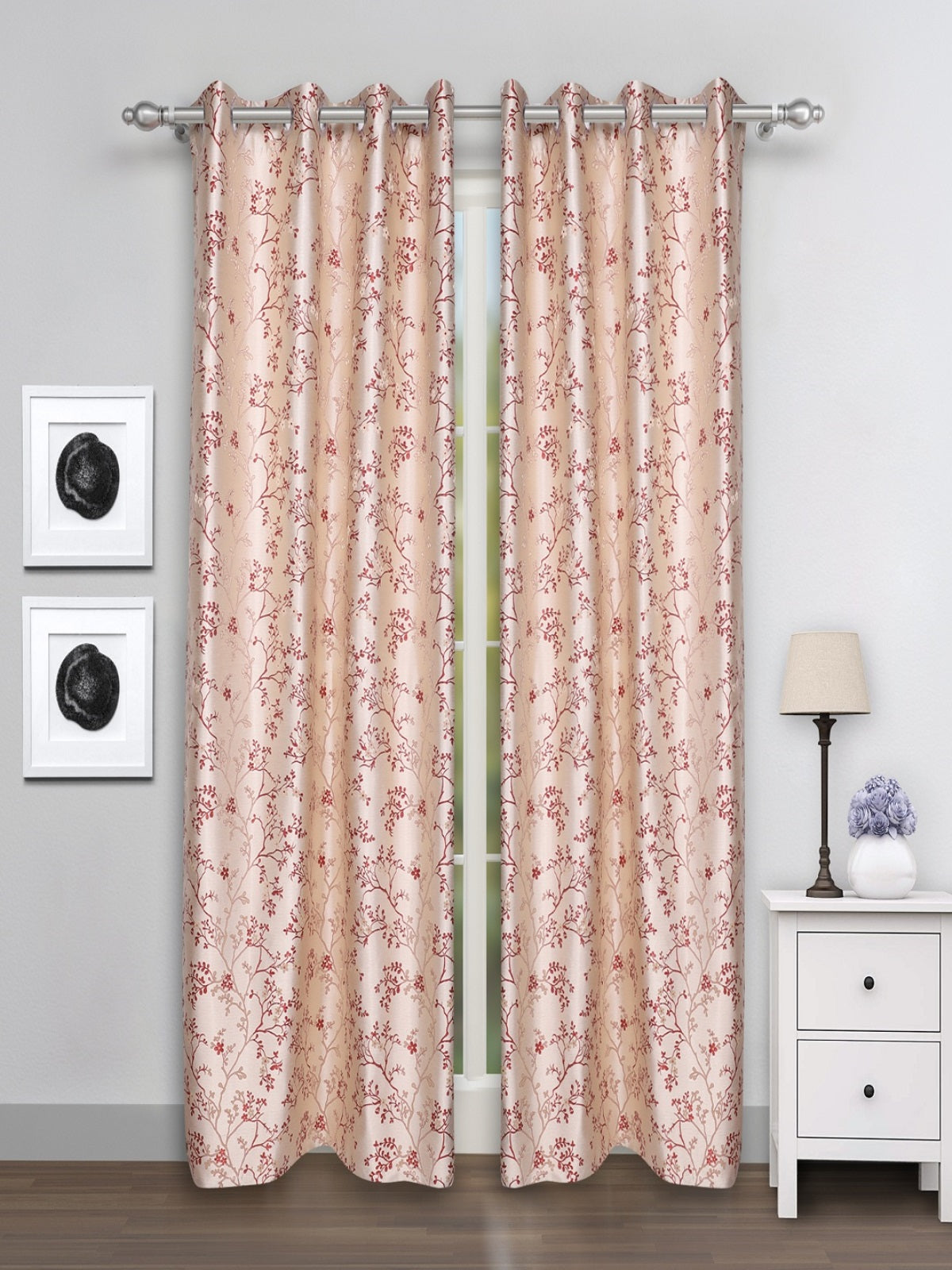 Romee Peach & Maroon Floral Patterned Set of 2 Door Curtains