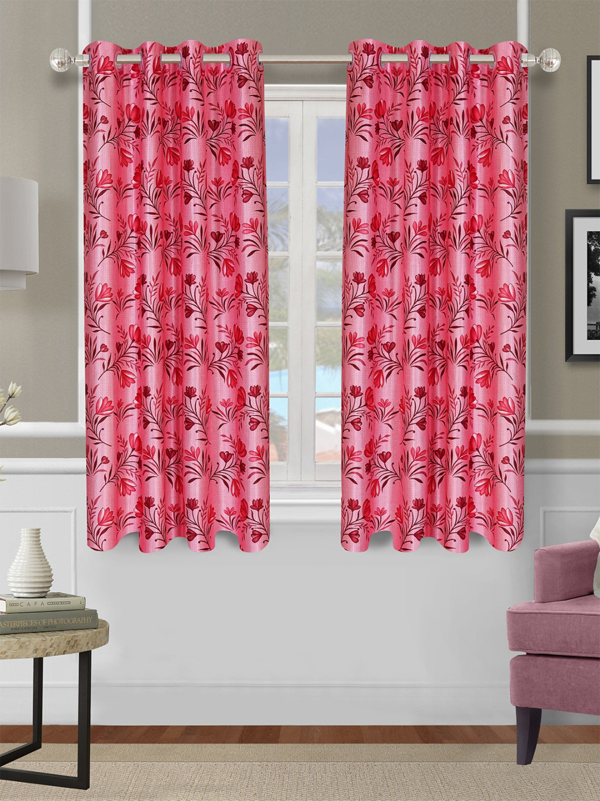 Romee Pink Floral Patterned Set of 2 Window Curtains