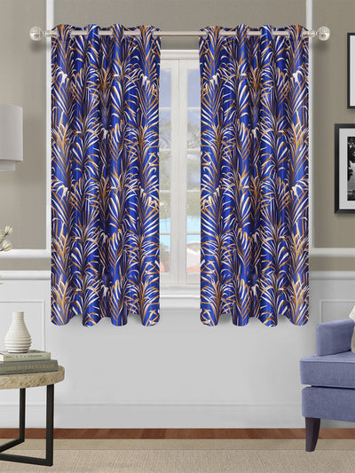 Romee Royal Blue Leafy Patterned Set of 2 Window Curtains