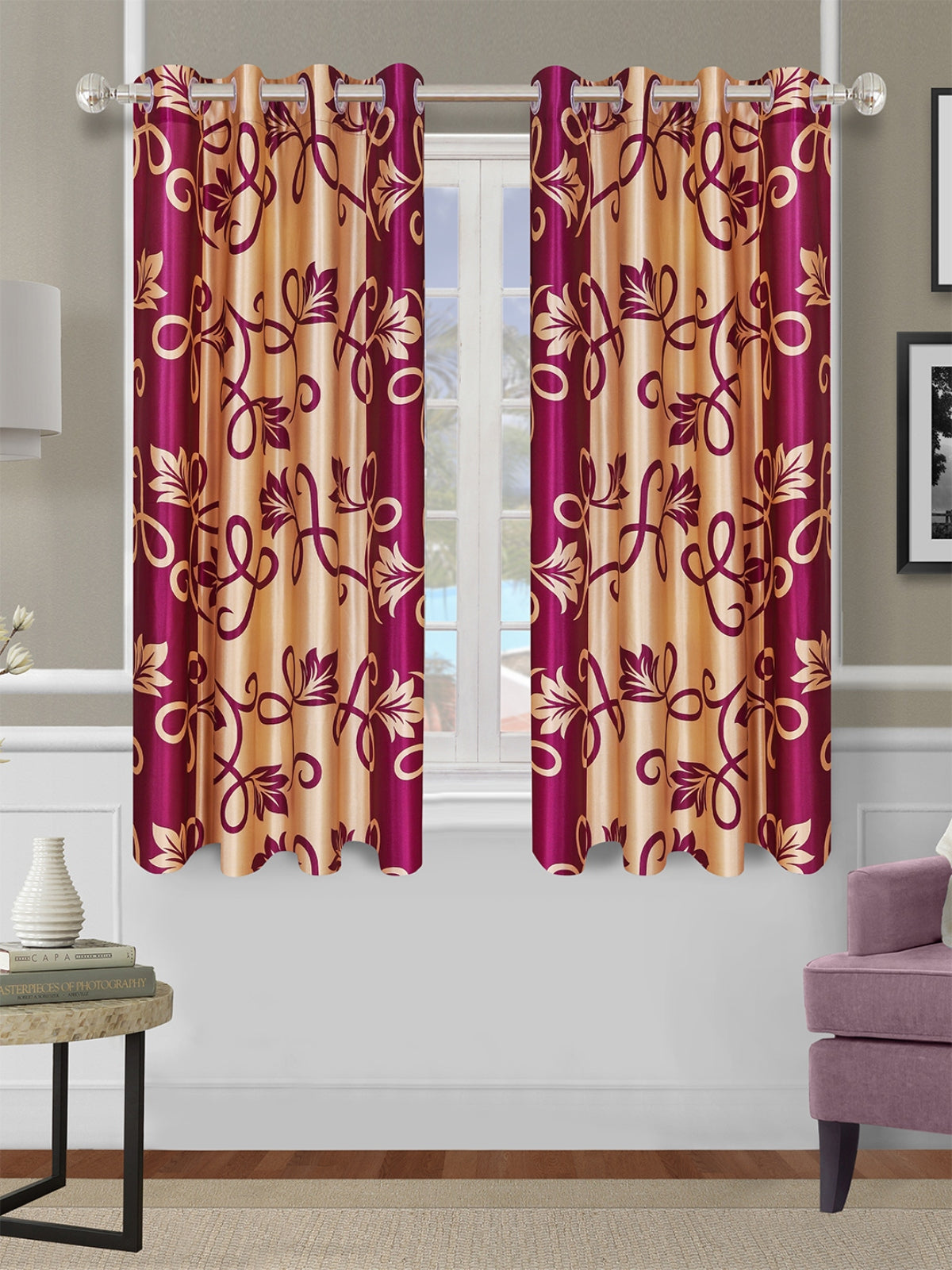 Romee Gold & Purple Floral Patterned Set of 2 Window Curtains