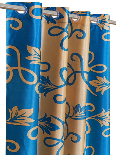 Romee Gold & Blue Floral Patterned Set of 2 Window Curtains