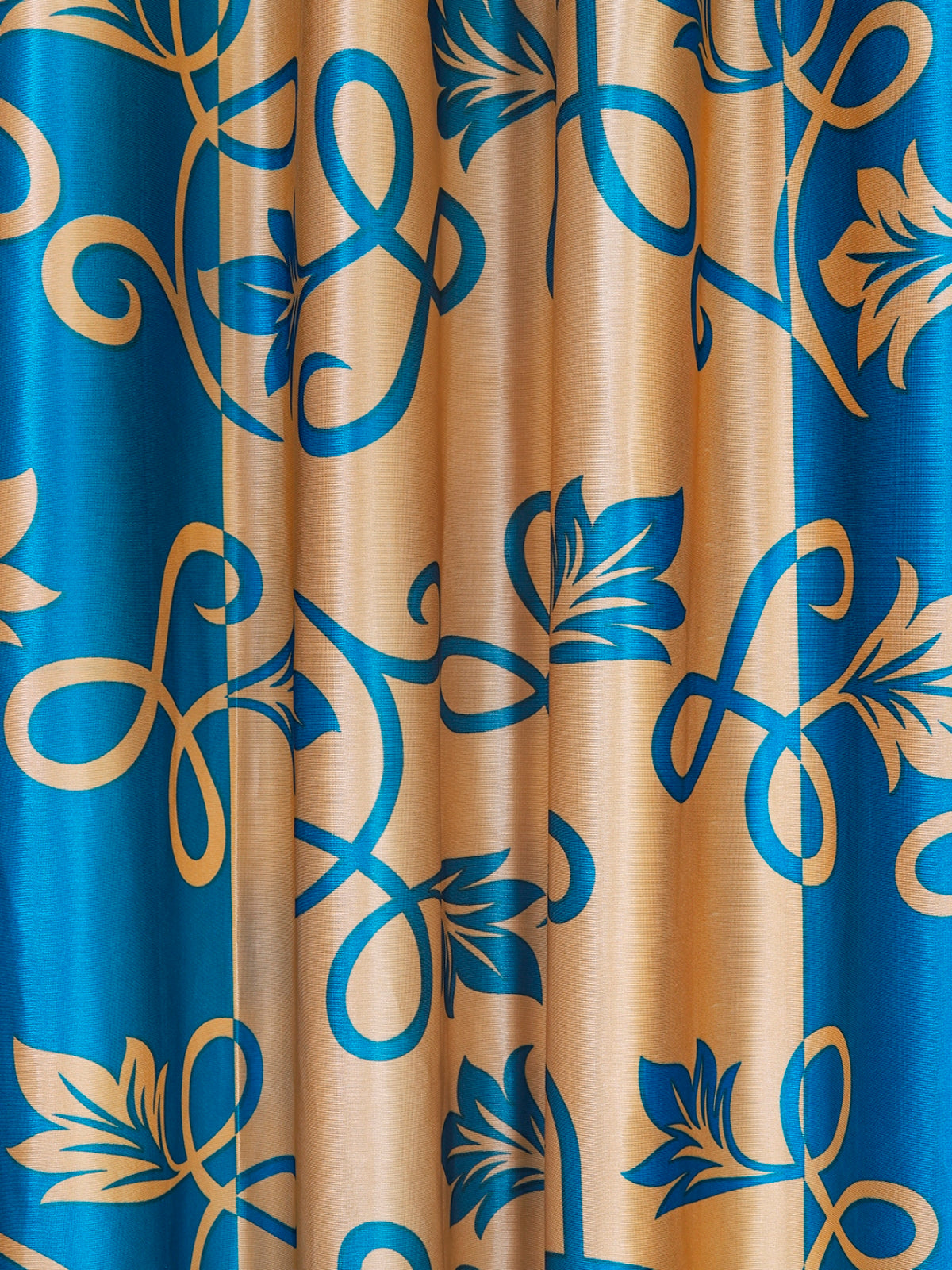 Romee Gold & Blue Floral Patterned Set of 2 Window Curtains