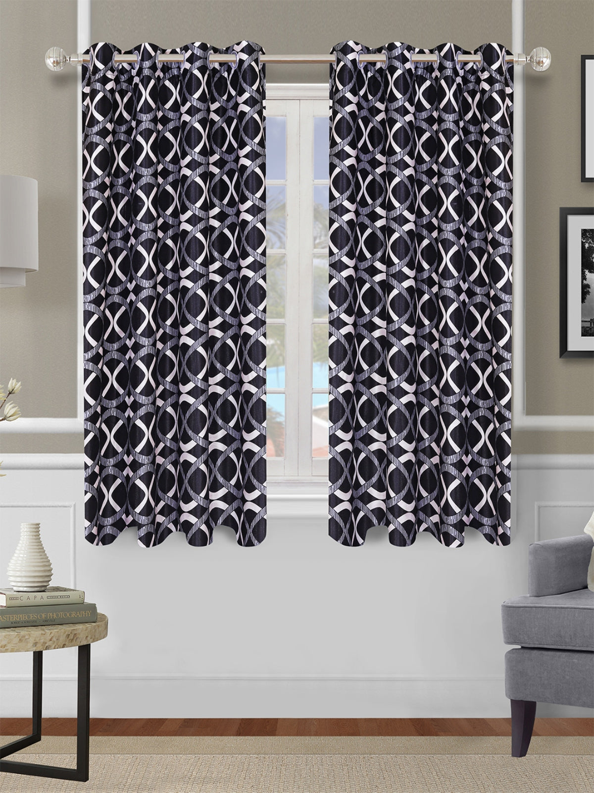 Romee Dark Blue Geometric Patterned Set of 2 Window Curtains