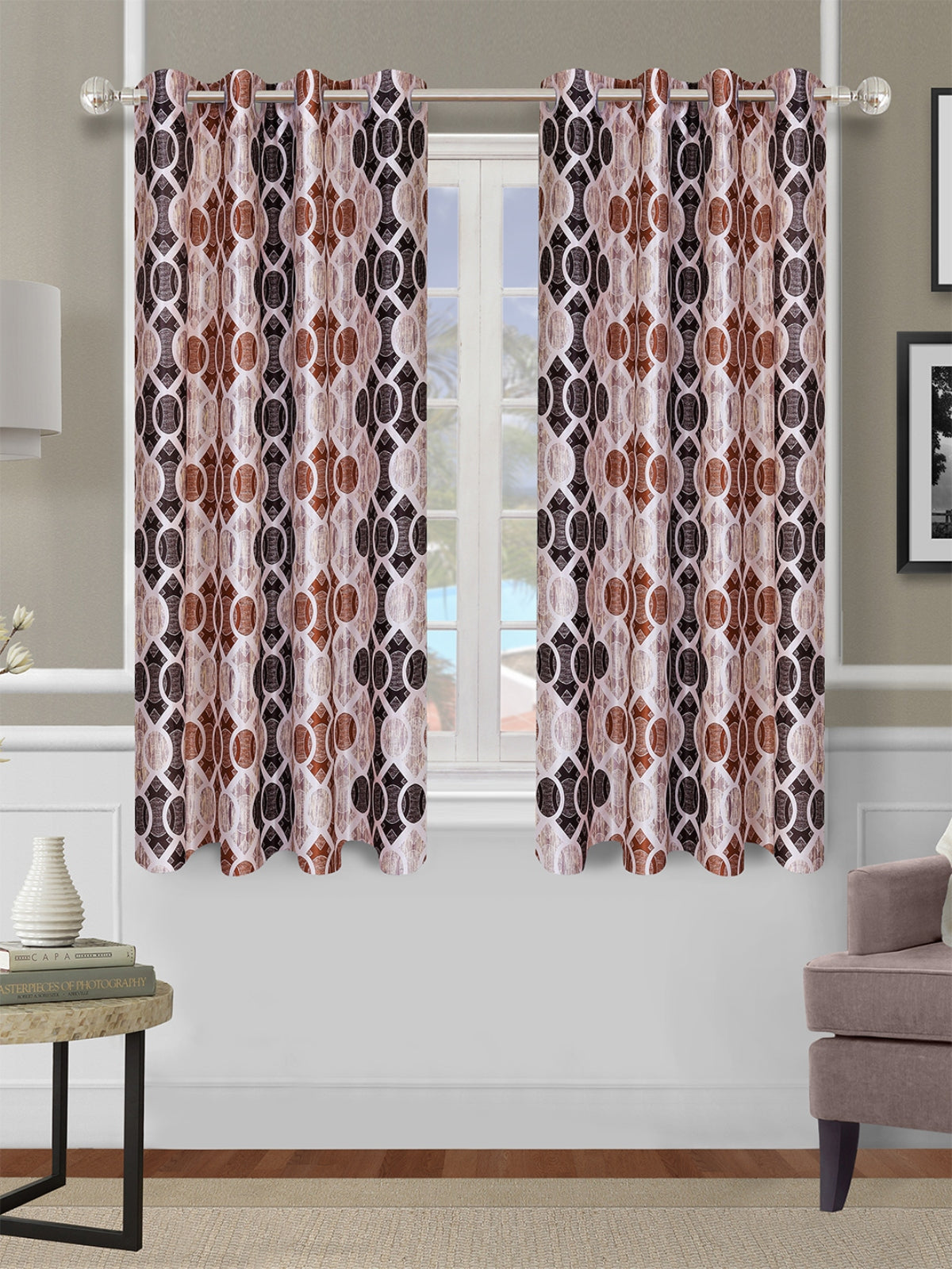 Romee Beige & Brown Geometric Patterned Set of 2 Window Curtains