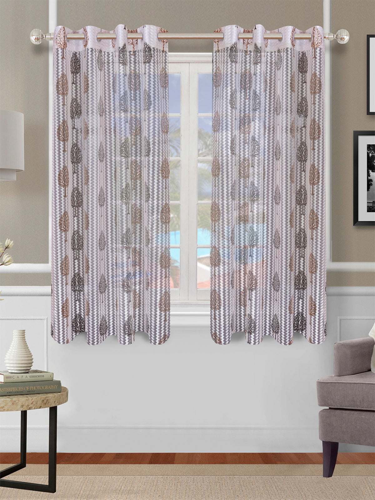 Romee Brown & Off White Floral Patterned Set of 2 Window Curtains