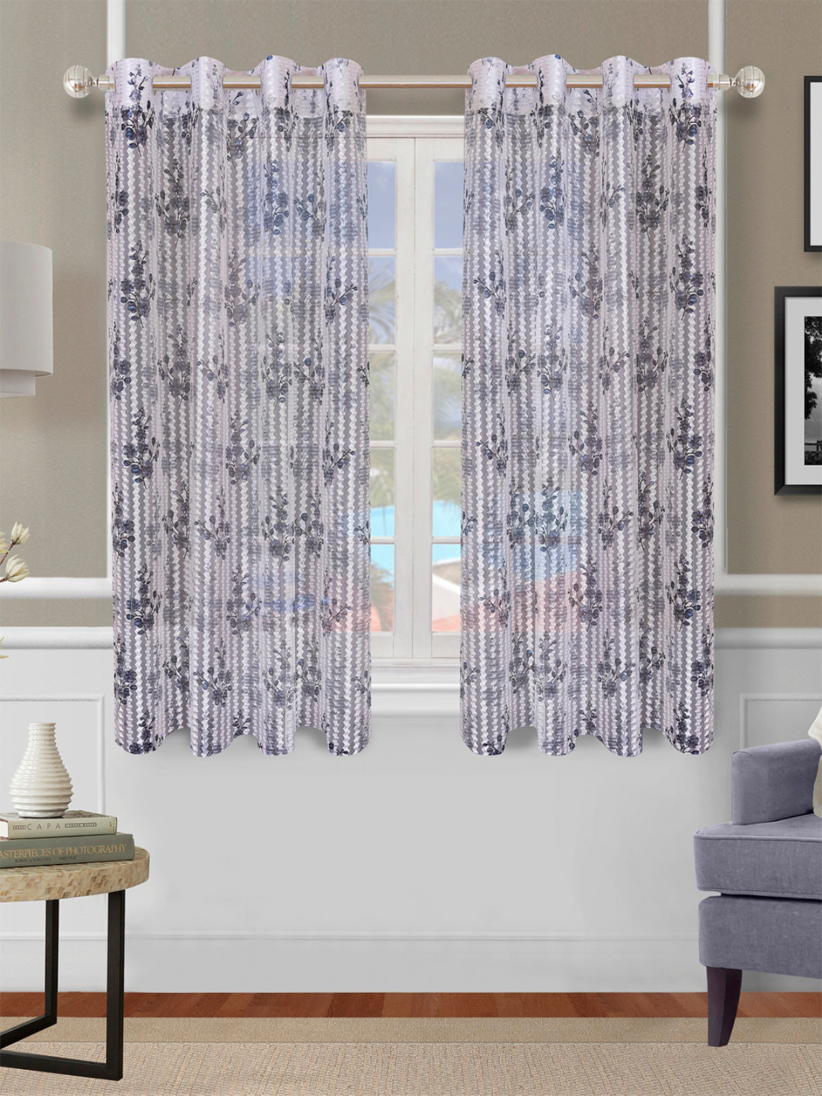 Romee Blue & Grey Floral Patterned Set of 2 Window Curtains