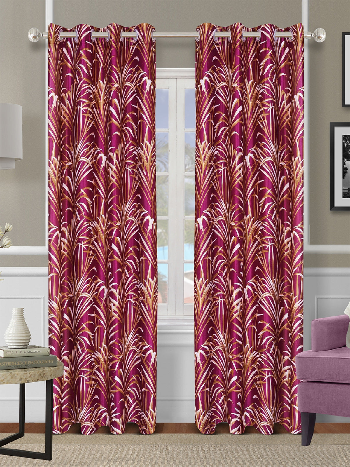 Romee Maroon Leafy Patterned Set of 2 Door Curtains
