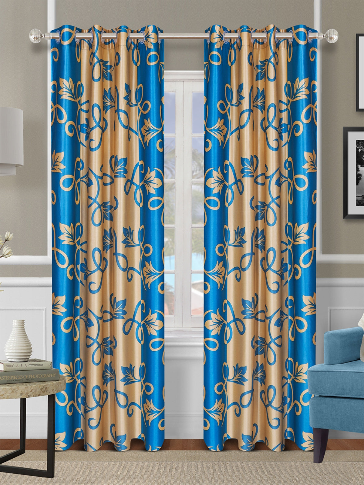 Romee Gold & Blue Floral Patterned Set of 2 Door Curtains