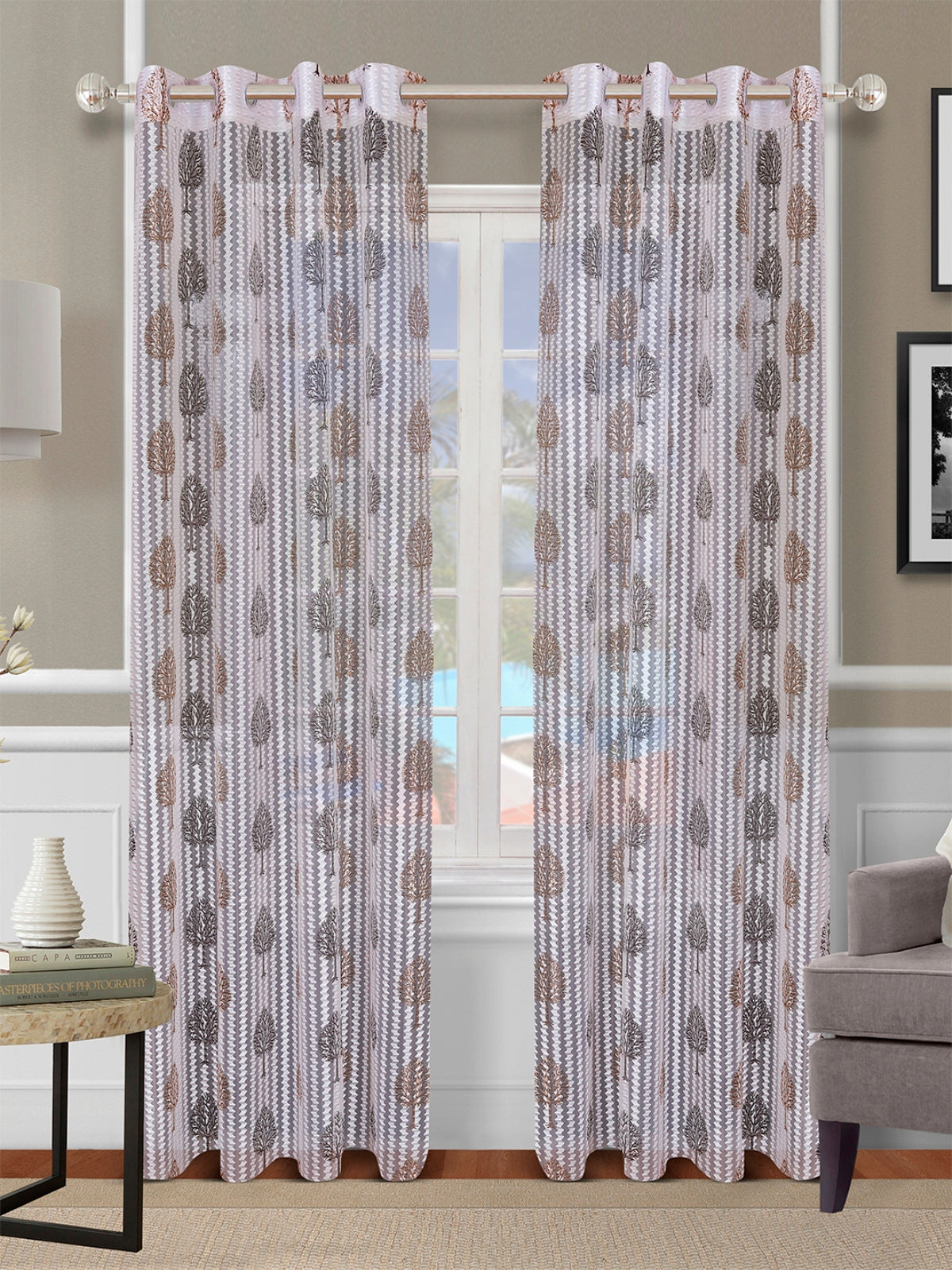 Romee Brown & Off White Floral Patterned Set of 2 Door Curtains