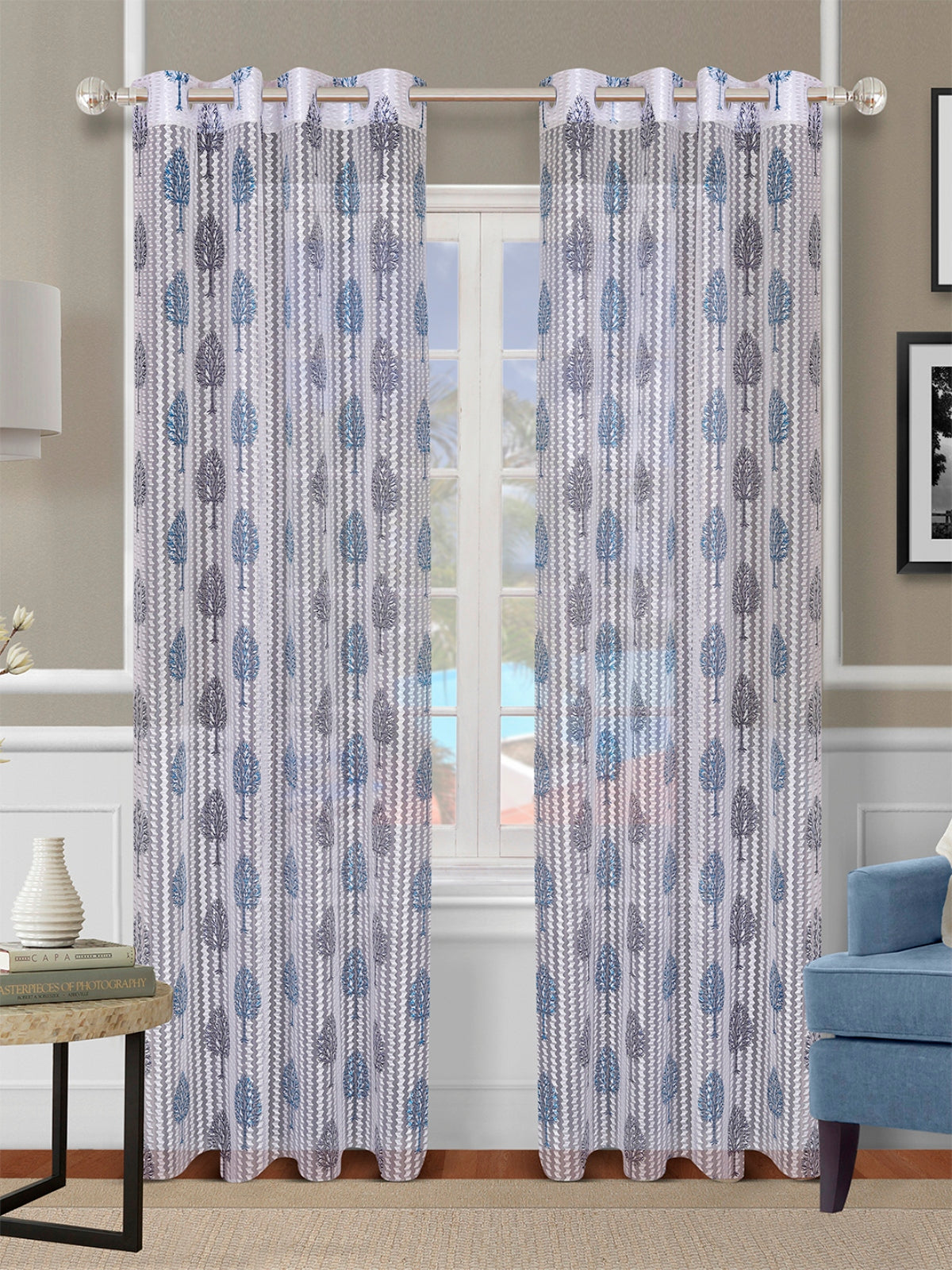 Romee Blue & Off White Floral Patterned Set of 2 Door Curtains