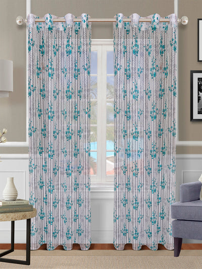 Romee Turquoise & Grey Floral Patterned Set of 2 Door Curtains
