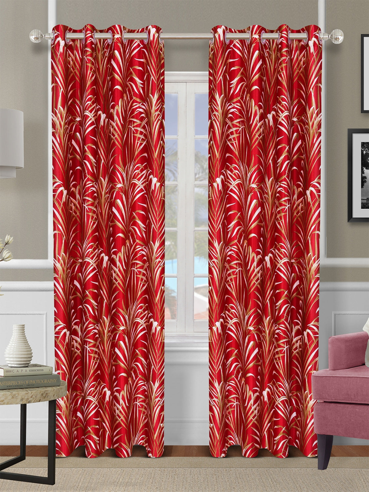 Romee Red Leafy Patterned Set of 2 Long Door Curtains